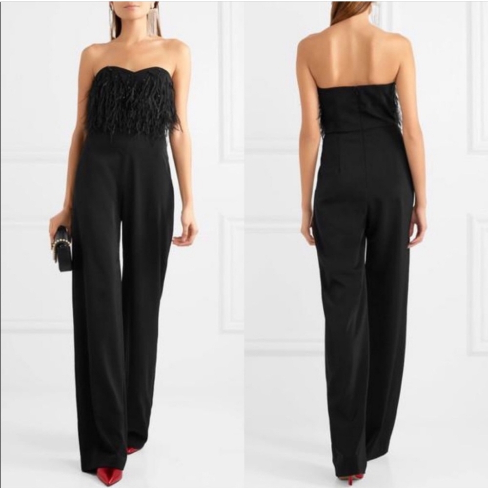 Saloni Black‎ Aurelie feather embellished crepe wide-leg jumpsuit 0